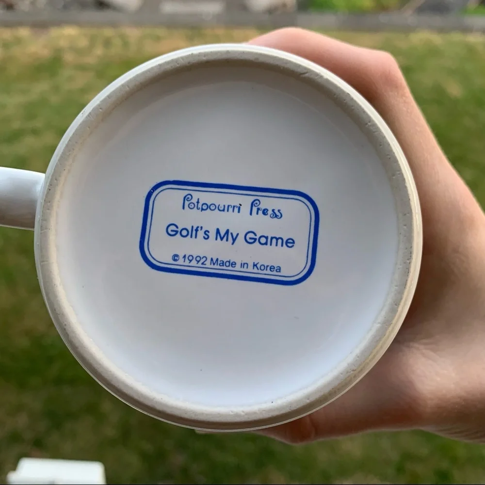 Vintage “Golf’s my game” Potpourri Press Golfing mug 1992 Ceramic // green/blue